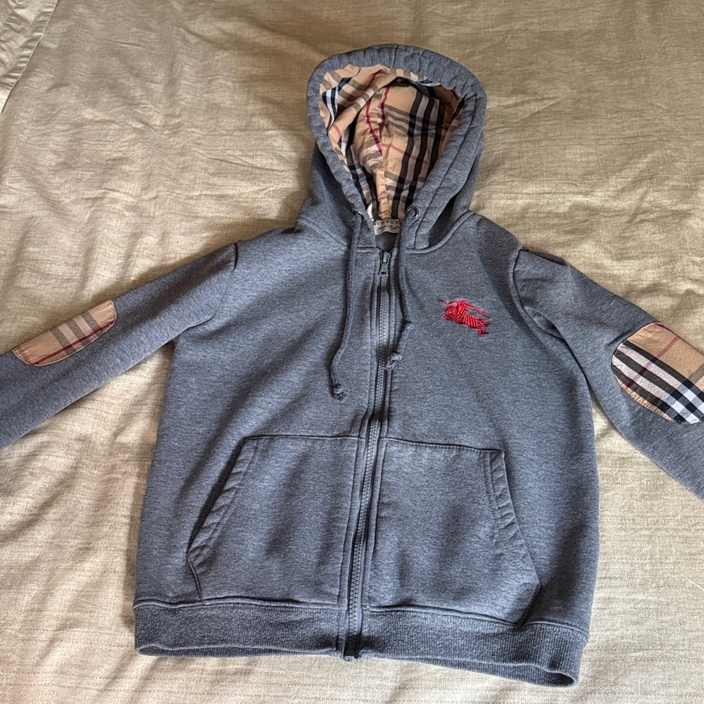 Burberry London Kids Gray Cotton Zip Up Hoodie with Nova Check elbow patches.